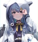 1girl absurdres bangs belt blue_eyes blue_hair blush bow bowtie choker clenched_teeth colored_inner_hair crying crying_with_eyes_open hair_between_eyes highres hololive hood hood_up hooded_jacket hoshimachi_suisei jacket long_hair long_sleeves looking_at_viewer multicolored_hair open_clothes open_jacket purple_choker purple_shirt school_uniform serafuku shirt solo star_(symbol) star_in_eye symbol_in_eye tears teeth una_hirag upper_body virtual_youtuber white_belt white_jacket yellow_bow yellow_bowtie 