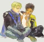  2boys aiguillette animal armor belt_buckle black_footwear blonde_hair blue_cape blue_eyes boots braid brown_hair buckle cape cat chest_belt claude_von_riegan commentary dimitri_alexandre_blaiddyd earrings fire_emblem fire_emblem:_three_houses foot_out_of_frame gauntlets greaves green_eyes grey_background harikoma1010 holding holding_animal holding_cat indian_style jewelry looking_at_animal looking_at_another male_focus multiple_boys open_mouth short_hair side_braid simple_background single_braid single_earring sitting sketch smile yellow_cape 