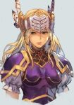  1girl armor blonde_hair blue_eyes breasts closed_mouth frilled_sleeves frills gem gold_armor grey_background hankuri headdress helmet long_hair looking_to_the_side native_american_headdress purple_armor red_gemstone short_sleeves silmeria_valkyrie simple_background solo tied_sleeves valkyrie_profile white_sleeves 
