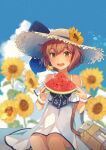  1girl alternate_costume anchor_symbol bag blue_ribbon blue_sky blurry brown_eyes brown_hair clouds cloudy_sky cowboy_shot day depth_of_field dress eating flower food fruit hat headset highres kantai_collection kasumi_(skchkko) looking_at_viewer official_alternate_costume open_mouth outdoors ribbon round_teeth short_hair sitting sky smile solo speaking_tube_headset straw_hat sun_hat sundress sunflower teeth upper_teeth watermelon white_dress yukikaze_(kancolle) 