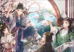  1girl 3boys :d animal black_headwear blonde_hair blue_robe branch brown_hair calico chinese_clothes coat fish flower green_robe guan_hat hair_between_eyes hair_bun hair_flower hair_ornament hair_pulled_back hair_stick hair_tubes hakusai_(tiahszld) hand_up hanfu headband highres holding holding_animal holding_paintbrush holding_vase indoors leaf leg_warmers light_brown_hair long_hair long_sleeves looking_at_another looking_at_viewer looking_away looking_to_the_side lotus moon_gate multiple_boys one_hundred_scenes_of_jiangnan paintbrush paintbrush_hair_ornament painting_(object) pink_flower pointing pointing_at_another pond profile sash scroll shelf shen_zhou sidelocks single_hair_bun sitting sleeves_rolled_up smile standing tang_yin through_screen vase wide_sleeves yellow_flower 
