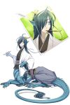  1boy 2021 antlers artist_name blue_hair blue_scales claws dated dragon_boy dragon_tail fingernails full_body green_eyes grey_pants grin hair_over_one_eye hakama hand_on_hip hand_up holding holding_smoking_pipe japanese_clothes kimono kiseru long_hair long_sleeves looking_at_viewer looking_to_the_side male_focus monster_boy multiple_views original pants photo_(object) pipe_in_mouth pointy_ears scales sharp_fingernails short_kimono sitting slit_pupils smile smoking_pipe t_o_illustvs tail taur very_long_hair white_background wide_sleeves 