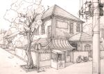  2nd_renaissance architecture bicycle east_asian_architecture graphite_(medium) ground_vehicle highres house monochrome no_humans original scenery traditional_media tree utility_pole 