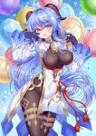  1girl absurdres ahoge balloon bangs bare_shoulders bell blue_gloves blue_hair blush bodystocking breasts brown_legwear chinese_knot covered_navel cowboy_shot detached_sleeves flower_knot ganyu_(genshin_impact) genshin_impact gloves gold_trim highres horns legs_together light_smile long_hair looking_at_viewer medium_breasts neck_bell nose_blush sidelocks solo standing thighlet thighs violet_eyes vision_(genshin_impact) white_sleeves wuyinlou 