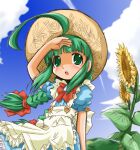  1girl :o ahoge apron back_bow blunt_ends blush bow braid buttons clouds flower frilled_apron frills green_eyes green_hair hair_ribbon hand_up hat long_hair me-tan neck_ribbon open_mouth os-tan outdoors puffy_short_sleeves puffy_sleeves ribbon shaded_face shading_eyes short_sleeves sky solo straw_hat summer sun_hat sunflower tachikawa twin_braids very_long_hair wind 