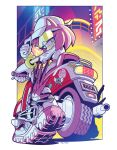  1girl alternate_costume amy_rose animal_ears eyelashes gloves ground_vehicle hand_on_handle hat hedgehog_ears highres looking_at_viewer looking_back midriff motor_vehicle motorcycle omochao pink_fur rainbow shoes sneakers solo sonic_(series) sticker sunglasses tracy_yardley wheel white_gloves white_headwear 