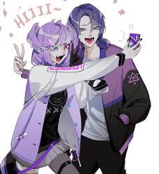  1boy 1girl black_pants black_shirt english_commentary fangs grey_eyes hand_in_pocket head_wings heterochromia highres i_scream_(tirami_k) jacket letterman_jacket nagao_kei nijisanji nijisanji_en open_mouth pants purple_hair purple_jacket selen_tatsuki shirt skirt smile thigh_strap v white_shirt white_skirt 