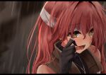  1girl commission crying eiyuu_densetsu gloves headband highres jacket mikagemaru_(mikage000) open_mouth pink_hair rain sara_valestein sen_no_kiseki skeb_commission solo standing_in_rain teardrop tears water_drop yellow_eyes 