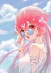  1girl a_dan bao_(vtuber) bracelet breasts clouds dress english_commentary from_side highres indie_virtual_youtuber jewelry long_hair looking_at_viewer medium_breasts open_mouth pink_hair pointing red_eyes round_eyewear sky solo sunglasses virtual_youtuber white_dress 