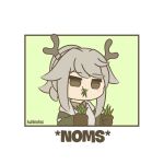  1girl absurdres animal_ears antlers arknights artist_name blush_stickers border brown_gloves chibi deer deer_antlers deer_ears deer_girl eating english_text firewatch_(arknights) food food_in_mouth gloves grass green_background green_jacket green_shirt highres holding holding_food jacket kuhl-notes medium_hair meme ponytail reindeer_antlers shirt sidelocks simple_background solo sound_effects upper_body white_border 