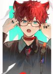  1boy absurdres adjusting_eyewear amagi_hiiro animal_ears bishounen cat_boy cat_ears choker collared_shirt ear_piercing ensemble_stars! fangs glasses green_eyes green_nails hair_between_eyes highres long_sleeves male_focus open_mouth piercing redhead semi-rimless_eyewear shirt shitan_(tantan_0821) short_hair smile solo upper_body wavy_hair 