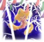  blurry blush closed_eyes closed_mouth commentary_request happy highres holding jirachi nekonon night no_humans outdoors paper pokemon pokemon_(creature) smile solo tearing_up 
