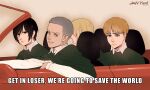  2boys 2girls absurdres annie_leonhardt annlu_vazzel armin_arlert artist_name black_eyes black_hair blonde_hair blue_eyes brown_eyes car cloak collared_shirt connie_springer dated english_text frown grey_hair ground_vehicle highres impact_(font) mean_girls meme mikasa_ackerman motor_vehicle multiple_boys multiple_girls shingeki_no_kyojin shirt short_hair smile 