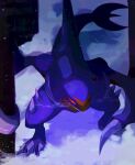  alpha_pokemon blurry claws colored_sclera eye_trail garchomp kou11021301 no_humans outdoors pokemon pokemon_(creature) red_eyes red_sclera snow solo spikes standing symbol-only_commentary 