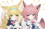  2girls ahoge animal_ears arknights bangs black_gloves blonde_hair blue_eyes blue_hairband closed_mouth cross fox_ears fox_girl fox_tail gloves hairband heart heart_hands highres kesuk0 looking_at_viewer multiple_girls multiple_tails pink_hair red_cross short_hair simple_background single_glove single_wrist_cuff smile sussurro_(arknights) suzuran_(arknights) tail white_background white_gloves wrist_cuffs yellow_eyes 