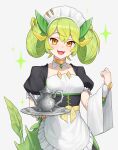 1girl allen.n apron choker dragon_girl dragon_horns duel_monster green_eyes hair_rings highres holding horns maid maid_apron open_mouth orange_eyes parlor_dragonmaid puffy_sleeves slit_pupils tail teapot twintails wings yu-gi-oh! 