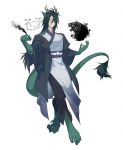  1boy animal_ears animal_feet antlers blue_eyes blue_pants claws dragon_boy dragon_tail fang fingernails floating front_slit full_body green_hair green_scales hair_over_one_eye highres holding holding_pen japanese_clothes kimono long_hair looking_at_viewer male_focus monster_boy original pants pen scales sharp_fingernails short_eyebrows side_slit skin_fang sleeveless sleeveless_kimono slit_pupils smile solo t_o_illustvs tail very_long_hair white_background 