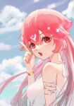  1girl a_dan bao_(vtuber) bracelet breasts clouds dress english_commentary from_side highres indie_virtual_youtuber jewelry long_hair looking_at_viewer medium_breasts open_mouth pink_hair pointing red_eyes sky solo virtual_youtuber white_dress 
