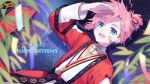  1boy ahoge aqua_eyes bandaid bandaid_on_face blurry blurry_foreground chinese_clothes copyright copyright_name english_commentary happy_birthday kusumoto_shizuru leaf logo mahjong mahjong_soul male_focus official_art official_wallpaper open_mouth pink_hair qi_xi smile solo tenbou yostar 