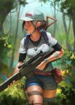  1girl backpack bag bandaged_arm bandages bandaid bandaid_on_cheek bandaid_on_face baseball_cap black_shirt blue_bag blue_shorts breasts brown_eyes brown_hair bush character_request commentary copyright_request cowboy_shot day denim denim_shorts dragunov_svd english_commentary forest green_background grey_legwear gun hat holding holding_gun holding_weapon holstered_weapon jewelry knife knife_holster left-handed light_blue_background medium_breasts nature necklace outdoors parted_lips pendant rifle satchel shirt shirt_under_shirt short_hair short_sleeves shorts shovel single_thighhigh sniper_rifle solo syar_page thigh-highs thigh_strap tree two-tone_background walking watch watch weapon white_headwear white_shirt 