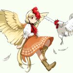  1girl ascot bird blonde_hair boots chick chicken dress expressionless feathered_wings feathers full_body kaigen_1025 medium_hair niwatari_kutaka puffy_short_sleeves puffy_sleeves red_eyes short_sleeves simple_background solo tail_feathers touhou vest wings 