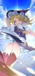  1girl blonde_hair blue_sky bow clouds cloudy_sky commentary_request guumin hair_bow highres kirisame_marisa looking_at_viewer looking_down medium_hair open_mouth sky smile solo standing teeth touhou white_bow 