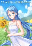  1girl alternate_costume aomi_one bangs blue_choker blue_eyes blue_hair blue_sky breasts choker clouds collarbone cowboy_shot dated dress field flower flower_field forehead highres jewelry kantai_collection long_hair looking_at_viewer mountain necklace outdoors samidare_(kancolle) sky sleeveless sleeveless_dress small_breasts solo sundress sunflower swept_bangs very_long_hair white_dress 