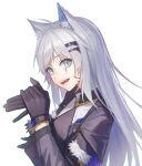  1girl absurdres animal_ear_fluff animal_ears arknights bangs black_gloves black_jacket blue_eyes commentary_request fang gloves grey_hair hair_ornament hairclip highres jacket lappland_(arknights) long_hair long_sleeves looking_at_viewer open_mouth scar scar_across_eye simple_background smile solo teeth white_background wolf_ears yidie 