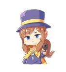  1girl :&lt; a_hat_in_time aiming_at_viewer arm_at_side bangs blue_eyes brown_hair cape chibi closed_mouth collared_cape cropped_torso furrowed_brow gun handgun hat hat_kid high_collar highres holding holding_gun holding_weapon jacket kiwoseo_meogneundas long_hair long_sleeves looking_at_viewer outstretched_arm parted_bangs ponytail purple_jacket simple_background solo top_hat upper_body weapon white_background yellow_cape zipper zipper_pull_tab 