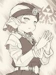  1girl belt blush_stickers erechan flat_chest gem greyscale hat jewelry long_sleeves looking_at_viewer mob_cap monochrome necklace pointy_ears princess_zelda short_hair solo the_legend_of_zelda the_legend_of_zelda:_ocarina_of_time triforce 