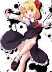  1girl aka_tawashi black_shirt black_skirt blonde_hair breasts dress fang frilled_dress frills highres long_sleeves necktie open_mouth red_eyes rumia shirt short_hair skirt t-pose touhou 