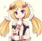 1girl aki_rosenthal armband armpit_crease blonde_hair bow breasts detached_hair flower gloves hair_bow hair_flower hair_ornament highres hololive hololive_idol_uniform medium_breasts microphone rose smile solo tonton_(tonz159) upper_body violet_eyes virtual_youtuber white_gloves 