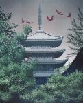  absurdres architecture bird bird_wings building clouds cloudy_sky commentary_request east_asian_architecture from_below highres naohiro no_humans original outdoors sky wings 