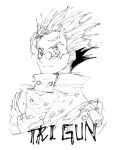  1boy closed_mouth copyright_name decided_218 earrings glasses grey_background greyscale hair_slicked_back jewelry male_focus mole mole_under_eye monochrome round_eyewear simple_background single_earring sketch smile solo spiky_hair trigun upper_body vash_the_stampede 