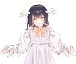  1girl absurdres angel angel_wings bangs black_hair blush bow bowtie cheek_poking collared_dress dress e_name feathered_wings frilled_shirt_collar frills halo hands_up head_wings highres index_finger_raised long_hair long_sleeves looking_at_viewer original poking smile solo wings yellow_eyes 