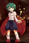  1girl :d amayadori-tei antennae bangs black_cape black_shorts breasts cape collared_shirt commentary_request frilled_sleeves frills full_body green_eyes green_hair long_sleeves looking_at_viewer open_mouth red_cape red_footwear shirt shoes short_hair shorts small_breasts smile socks solo touhou two-sided_cape two-sided_fabric white_shirt white_socks wriggle_nightbug 