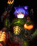  1girl absurdres animal_ear_fluff animal_ears black_background blue_hair brown_eyes cat_ears chromatic_aberration cosplay doom_(2016) doom_(series) doomguy doomguy_(cosplay) fang fang_out gun headwear_removed helmet helmet_removed highres holding holding_gun holding_weapon kishinco looking_at_viewer mana_renewal power_armor shotgun skin_fang smile solo virtual_youtuber weapon weplanet 