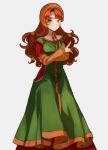  1girl blush breasts closed_mouth curly_hair dragon_quest dragon_quest_vii dress green_eyes highres hood jewelry long_hair looking_at_viewer maribel_(dq7) orange_hair simple_background smile solo 
