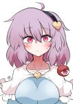  1girl absurdres blush breasts frilled_shirt_collar frills hair_ornament heart heart_hair_ornament highres komeiji_satori long_sleeves looking_at_viewer pink_eyes pink_hair scavia10 short_hair third_eye touhou upper_body white_background 