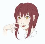 chainsaw_man closed_mouth collared_shirt looking_at_viewer makima_(chainsaw_man) red_lips redhead simple_background smile solo white_background yellow_eyes