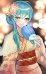  1girl alternate_costume alternate_hairstyle aqua_eyes aqua_hair bangs eirika_(fire_emblem) fire_emblem fire_emblem:_the_sacred_stones flower hair_between_eyes hair_bun hair_flower hair_ornament hand_fan highres holding holding_fan japanese_clothes kimono long_hair long_sleeves looking_at_viewer osiri_siri_siri paper_fan sash sidelocks single_hair_bun smile solo wide_sleeves yukata 