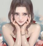  1girl absurdres aerith_gainsborough bangs bare_shoulders bracelet brown_hair dress final_fantasy final_fantasy_vii final_fantasy_vii_remake flower green_eyes hair_flower hair_ornament hand_to_own_face head_on_hand highres jewelry looking_to_the_side official_alternate_costume parted_bangs red_dress shoji_sakura sidelocks sleeveless sleeveless_dress smile solo strapless strapless_dress upper_body wavy_hair 
