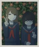  2girls absurdres avogado6 black_eyes black_hair border brown_eyes brown_hair commentary flower freckles glasses grin hair_ornament hairclip highres long_hair looking_at_viewer mole mole_under_mouth multiple_girls neckerchief original red_neckerchief school_uniform smile v 