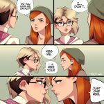  2girls artist_name beanie blonde_hair blue_eyes blush bodysuit ear_blush english_text eye_contact eyebrow_piercing glasses gwen_stacy hat imminent_kiss looking_at_another marvel mary_jane_watson multiple_girls orange_hair parted_lips piercing short_hair spider-gwen spider-man:_into_the_spider-verse spider-man_(series) talt_lo teeth undercut yuri 