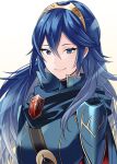  1girl ameno_(a_meno0) bangs blue_eyes blue_hair blush cape closed_mouth fingerless_gloves fire_emblem fire_emblem_awakening gloves hair_between_eyes long_hair looking_at_viewer lucina_(fire_emblem) simple_background smile solo tiara 