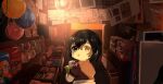  1girl :o bangs black_hair brown_shirt commentary_request copyright_request from_behind grey_eyes hair_between_eyes indoors jar looking_at_viewer looking_back parted_lips shirt short_sleeves solo upper_body yodaka_miy 