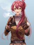  1girl aoi_hane belt can commission drink eiyuu_densetsu gloves highres holding holding_can jacket leather leather_jacket long_hair looking_at_viewer pink_hair ponytail sara_valestein sen_no_kiseki simple_background skeb_commission smile solo steam sweater yellow_eyes 