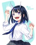  1girl :d aoki_ruri arm_up background_text bangs blue_eyes blue_necktie blush claw_pose collared_shirt copyright_name dark_blue_hair dragon_girl dragon_horns eco_(petticoat) fangs hand_up horns long_sleeves looking_at_viewer medium_hair multicolored_eyes necktie open_mouth pink_eyes plaid plaid_skirt pleated_skirt ruri_dragon school_uniform shirt skirt sleeves_rolled_up slit_pupils smile solo swept_bangs twitter_username white_shirt 