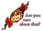  1girl are_you_sure_about_that_(meme) bangs blonde_hair bow brown_eyes caramelized_tomatoes commentary english_commentary english_text gap_(touhou) hair_between_eyes long_hair lowres meme open_mouth red_bow round_teeth shaded_face simple_background solo teeth touhou transparent_background wwe yakumo_yukari 