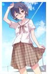  1girl ;d arm_up bangs black_hair blue_sky blush bow brown_bow brown_eyes brown_skirt clouds commentary_request contrail day e20 hair_between_eyes highres looking_at_viewer mizuno_ai one_eye_closed plaid plaid_bow plaid_skirt pleated_skirt power_lines sailor_collar school_uniform serafuku shirt skirt sky smile solo utility_pole white_sailor_collar white_shirt zombie_land_saga 